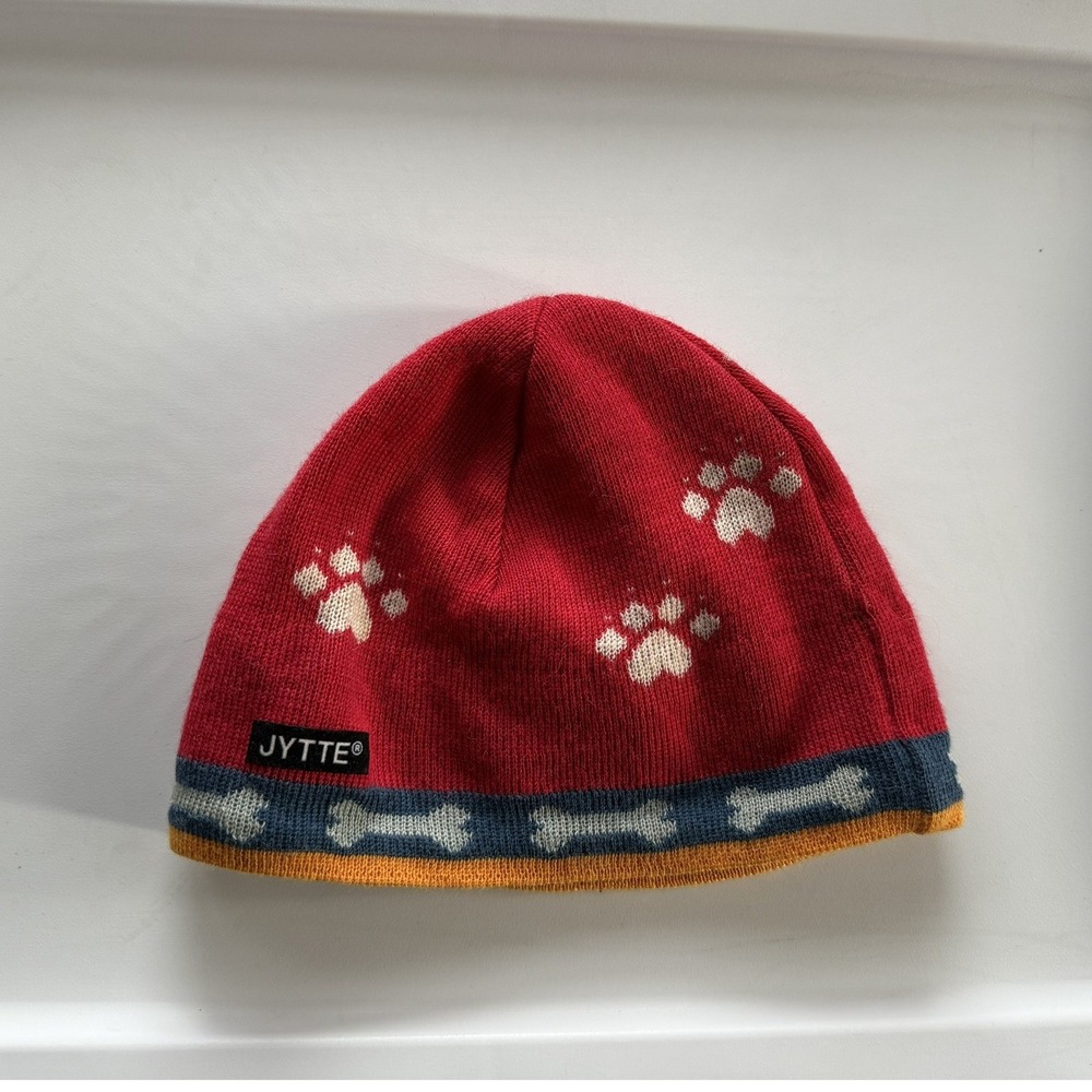 Jytte Merino Wool Beanie Hat Red Paw Prints Bones Fleece Lined USA Made Hat